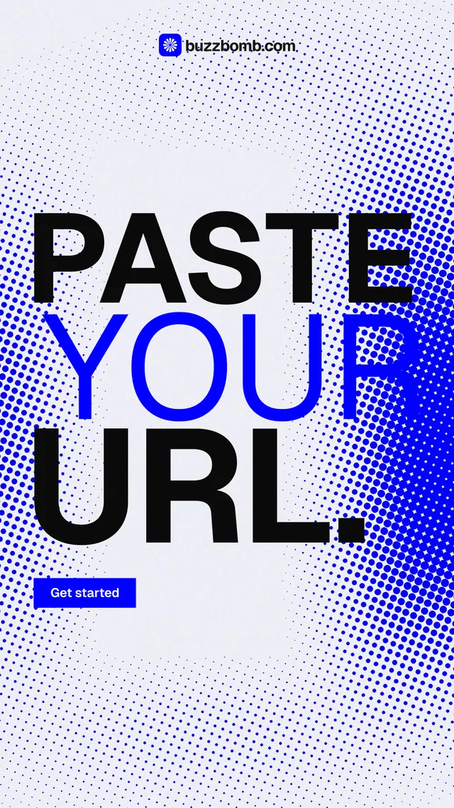 Instagram story for BuzzBomb: "Paste your URL." Swiss style, stacked layout, light palette in white, blue.