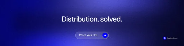 LinkedIn banner for BuzzBomb: "Distribution, solved." Agentic glass style, centred layout, dark palette in blue.