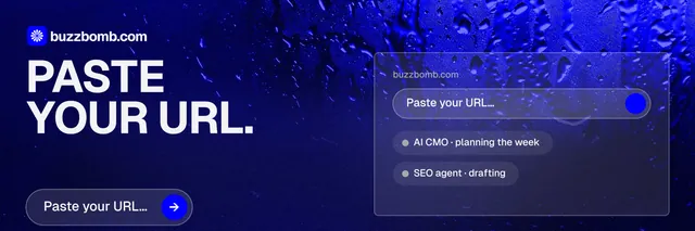 X header for BuzzBomb: "Paste your URL." Agentic glass style, bottom layout, dark palette in blue.