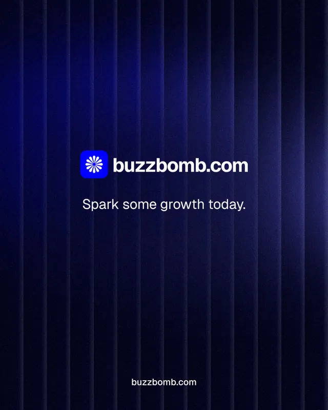 Instagram portrait post for BuzzBomb: "Spark some growth today." Agentic glass style, end card layout, dark palette in black, blue.