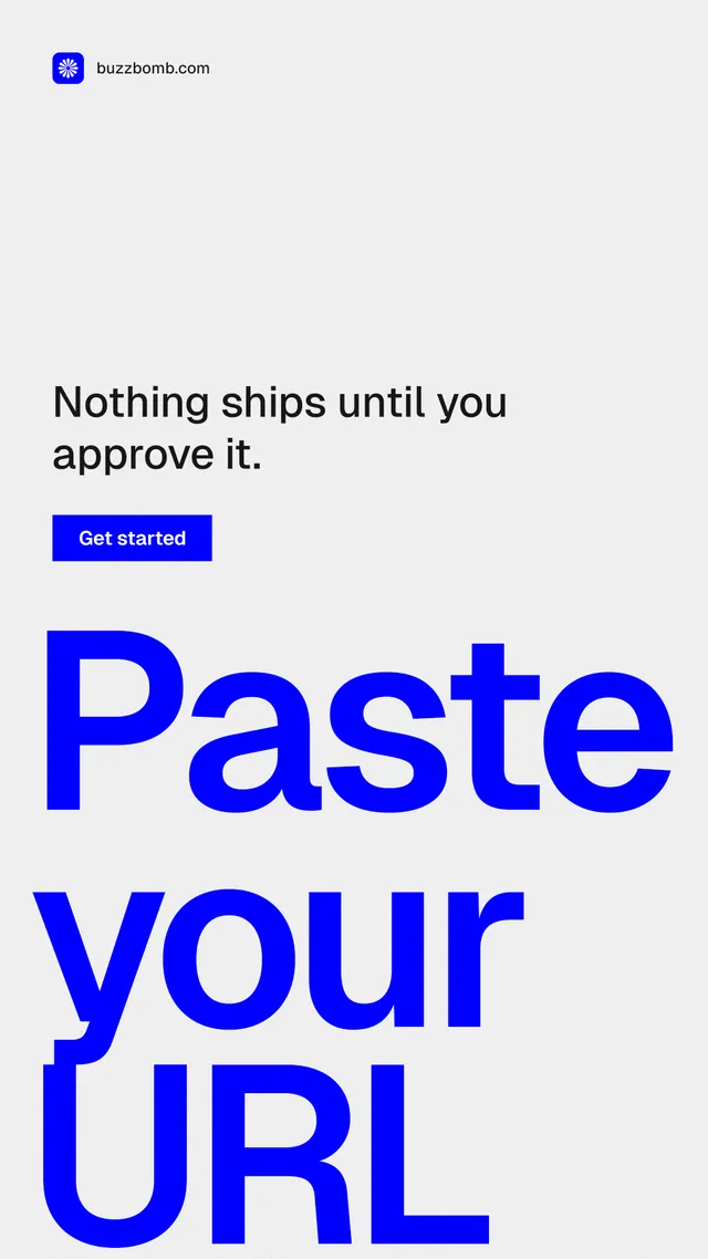 Instagram story for BuzzBomb: "Paste your URL." Swiss style, oversized layout, light palette in white, blue.