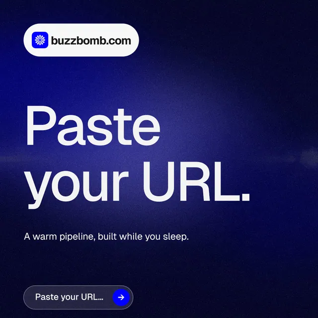Instagram post for BuzzBomb: "Paste your URL." Agentic glass style, announce layout, dark palette in black, blue.