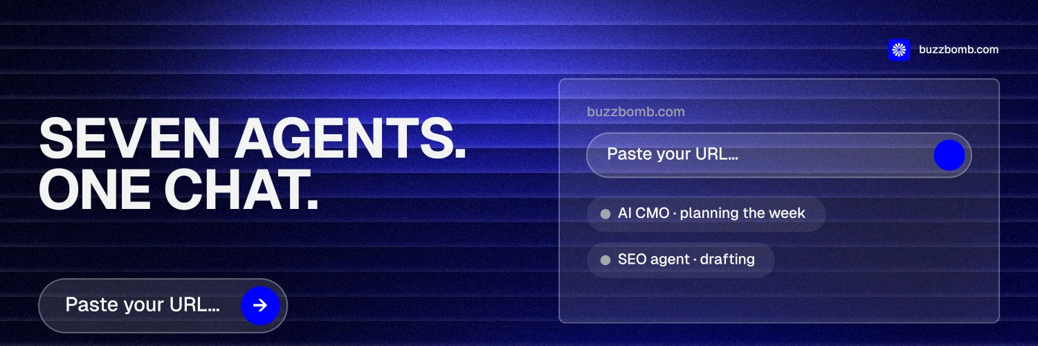 X header for BuzzBomb: "Seven agents. One chat." Agentic glass style, bottom layout, dark palette in black, blue.