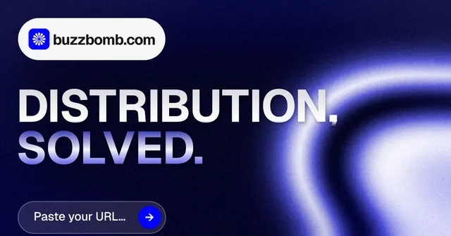 Social ad for BuzzBomb: "Distribution, solved." Agentic glass style, announce layout, dark palette in blue, black, white.