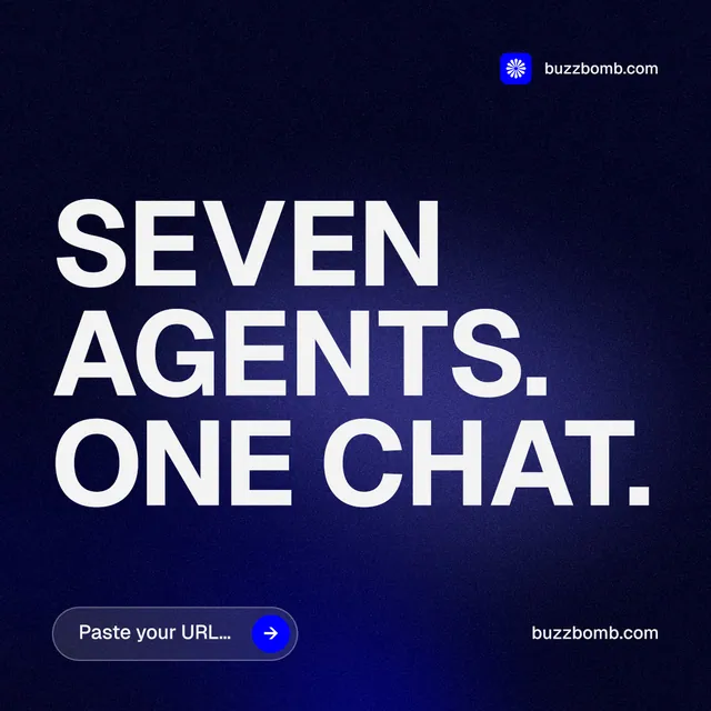 Instagram post for BuzzBomb: "Seven agents. One chat." Agentic glass style, poster layout, dark palette in black, blue, grey.