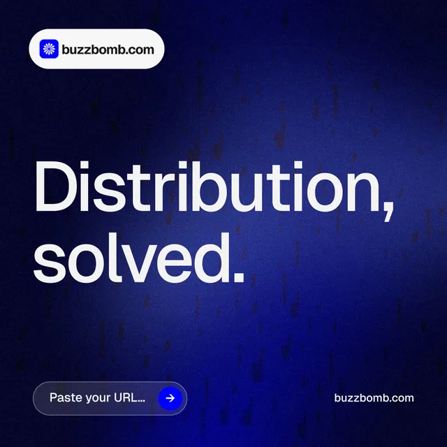 Instagram post for BuzzBomb: "Distribution, solved." Agentic glass style, poster layout, dark palette in black, blue, grey.