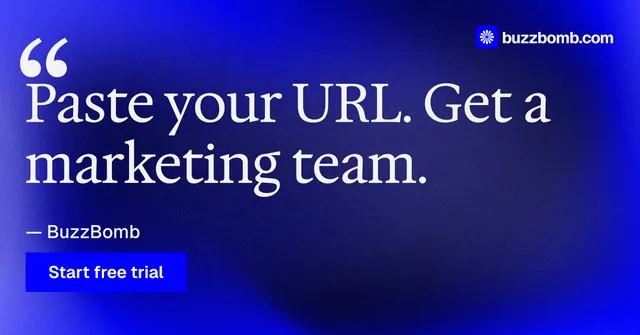 Social ad for BuzzBomb: "Spark some growth today." Swiss style, quote layout, dark palette in blue.