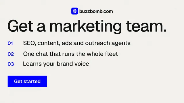 Landscape graphic for BuzzBomb: "Get a marketing team." Swiss style, numbered layout, light palette in white, grey.