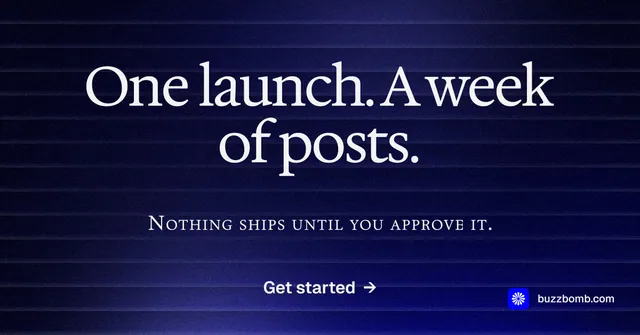 Social ad for BuzzBomb: "One launch. A week of posts." Agentic glass style, smallcaps layout, dark palette in black, blue.