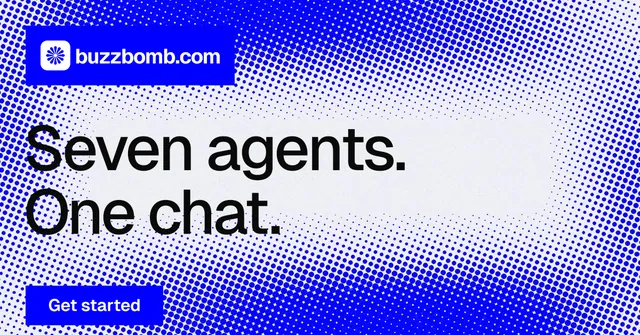 Social ad for BuzzBomb: "Seven agents. One chat." Swiss style, announce layout, light palette in blue, white.