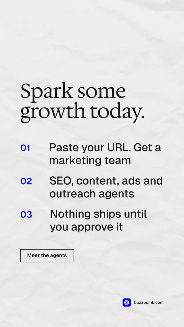 Instagram story for BuzzBomb: "Spark some growth today." Editorial style, numbered layout, light palette in white, grey.