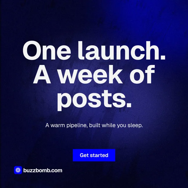 Instagram post for BuzzBomb: "One launch. A week of posts." Swiss style, centred layout, dark palette in black, blue, grey.