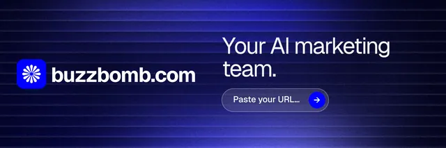 X header for BuzzBomb: "Your AI marketing team." Agentic glass style, logo hero layout, dark palette in black, blue.