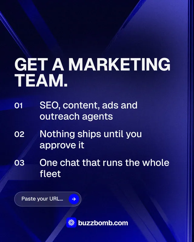 Instagram portrait post for BuzzBomb: "Get a marketing team." Agentic glass style, numbered layout, dark palette in blue, black, grey.
