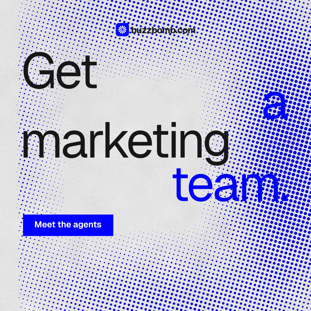 Instagram post for BuzzBomb: "Get a marketing team." Swiss style, stacked layout, light palette in blue, white.