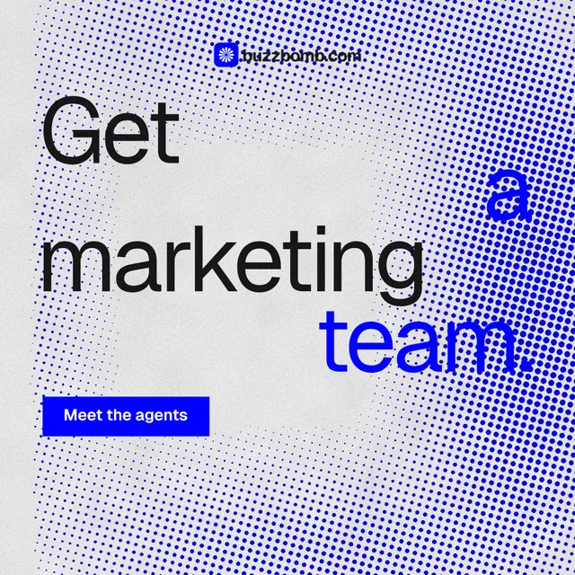 Instagram post for BuzzBomb: "Get a marketing team." Swiss style, stacked layout, light palette in blue, white.