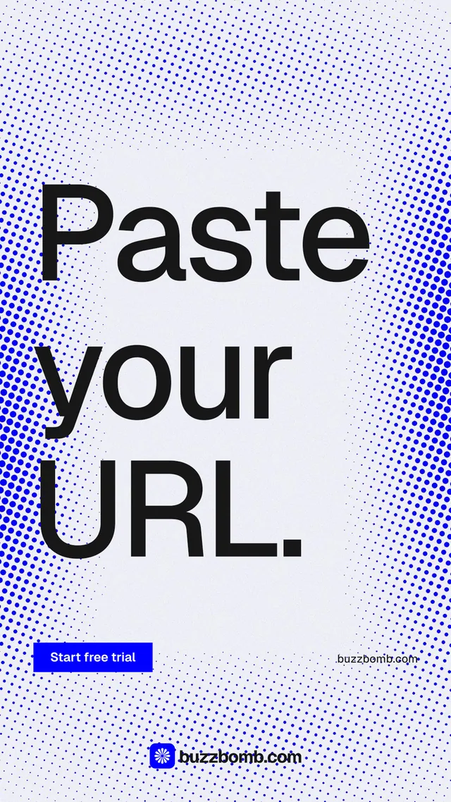 Instagram story for BuzzBomb: "Paste your URL." Split block style, poster layout, light palette in blue, white.