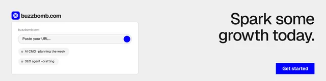 LinkedIn banner for BuzzBomb: "Spark some growth today." Swiss style, right layout, light palette in white.