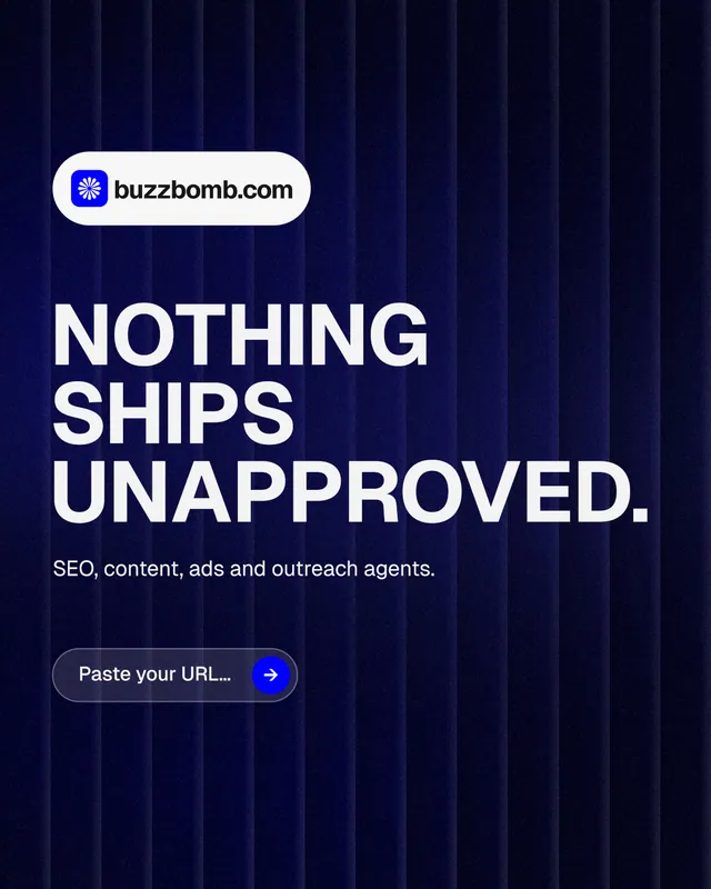Instagram portrait post for BuzzBomb: "Nothing ships unapproved." Agentic glass style, announce layout, dark palette in blue, black, grey.