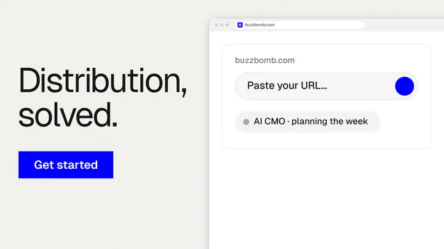 Landscape graphic for BuzzBomb: "Distribution, solved." Swiss style, browser layout, light palette in white, blue.