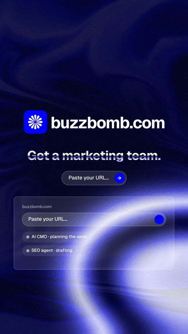Instagram story for BuzzBomb: "Get a marketing team." Agentic glass style, logo hero layout, dark palette in blue, black.