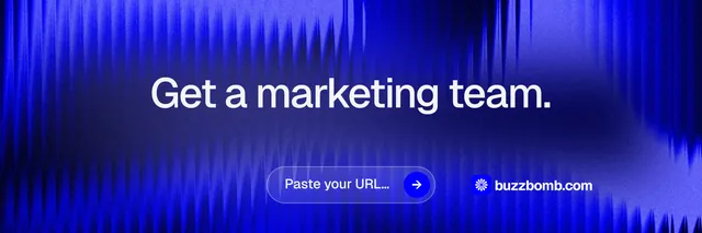 X header for BuzzBomb: "Get a marketing team." Agentic glass style, centred layout, dark palette in blue.