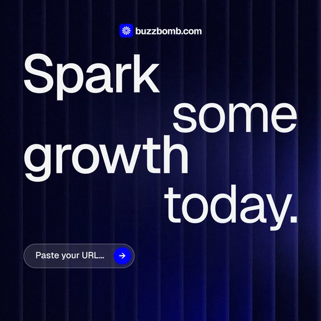 Instagram post for BuzzBomb: "Spark some growth today." Agentic glass style, stacked layout, dark palette in black, blue, grey.