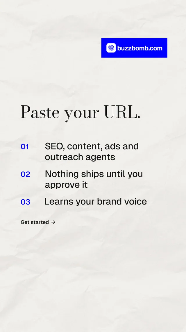 Instagram story for BuzzBomb: "Paste your URL." Minimal luxury style, numbered layout, light palette in white, blue.