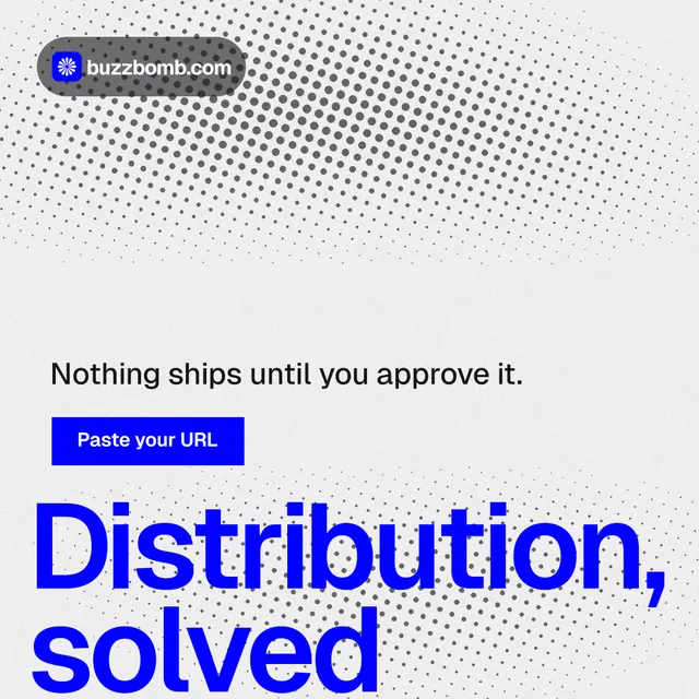 Instagram post for BuzzBomb: "Distribution, solved." Swiss style, oversized layout, light palette in white, blue.