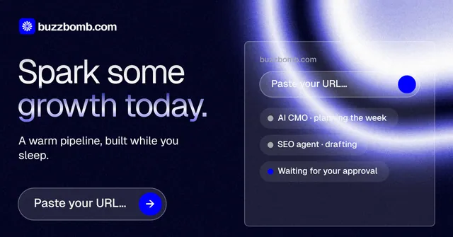 Social ad for BuzzBomb: "Spark some growth today." Agentic glass style, bottom layout, dark palette in black, blue.