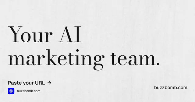 Social ad for BuzzBomb: "Your AI marketing team." Minimal luxury style, poster layout, light palette in white, grey.
