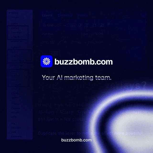Instagram post for BuzzBomb: "Your AI marketing team." Agentic glass style, end card layout, dark palette in black, blue.