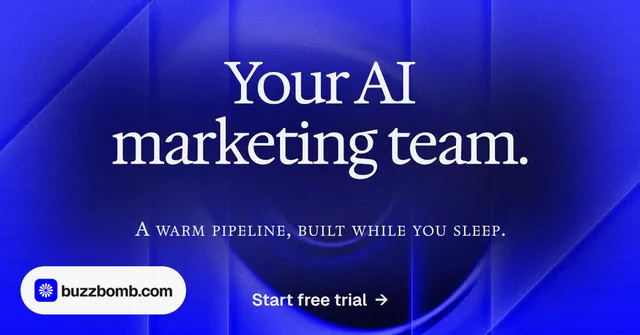 Social ad for BuzzBomb: "Your AI marketing team." Agentic glass style, smallcaps layout, dark palette in blue.