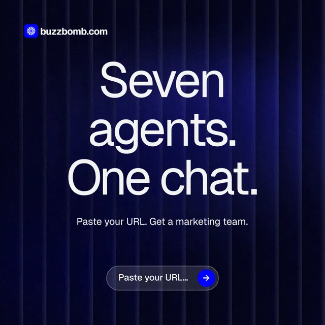 Instagram post for BuzzBomb: "Seven agents. One chat." Agentic glass style, centred layout, dark palette in black, blue, grey.