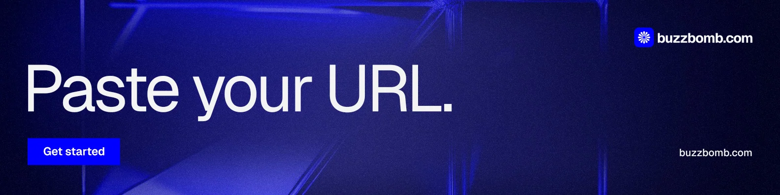 LinkedIn banner for BuzzBomb: "Paste your URL." Swiss style, poster layout, dark palette in black, blue.