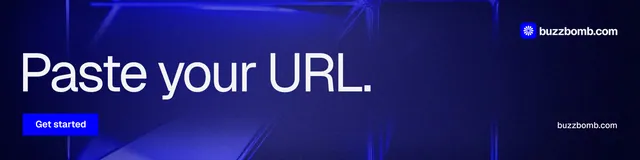 LinkedIn banner for BuzzBomb: "Paste your URL." Swiss style, poster layout, dark palette in black, blue.