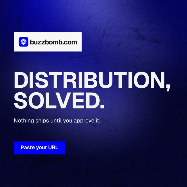 Instagram post for BuzzBomb: "Distribution, solved." Swiss style, announce layout, dark palette in black, blue.