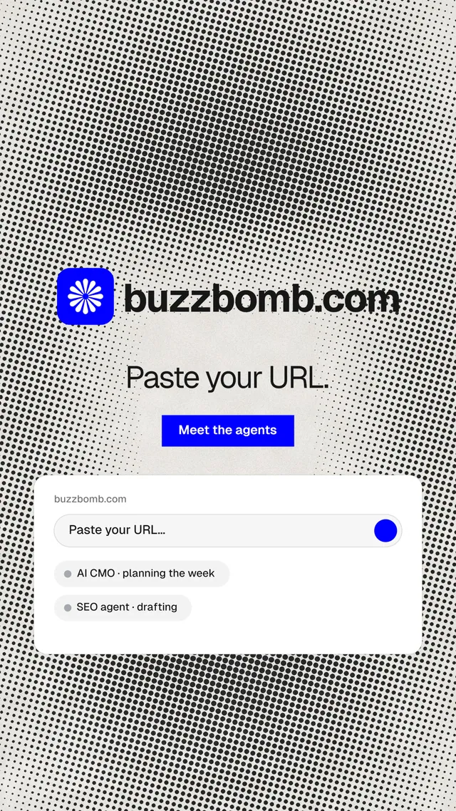 Instagram story for BuzzBomb: "Paste your URL." Swiss style, logo hero layout, light palette in white, grey.