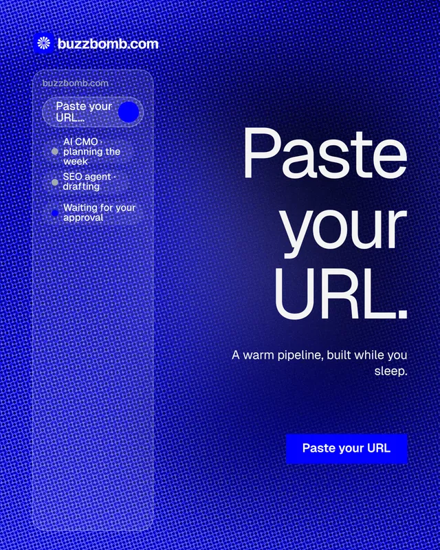 Instagram portrait post for BuzzBomb: "Paste your URL." Swiss style, right layout, dark palette in blue.