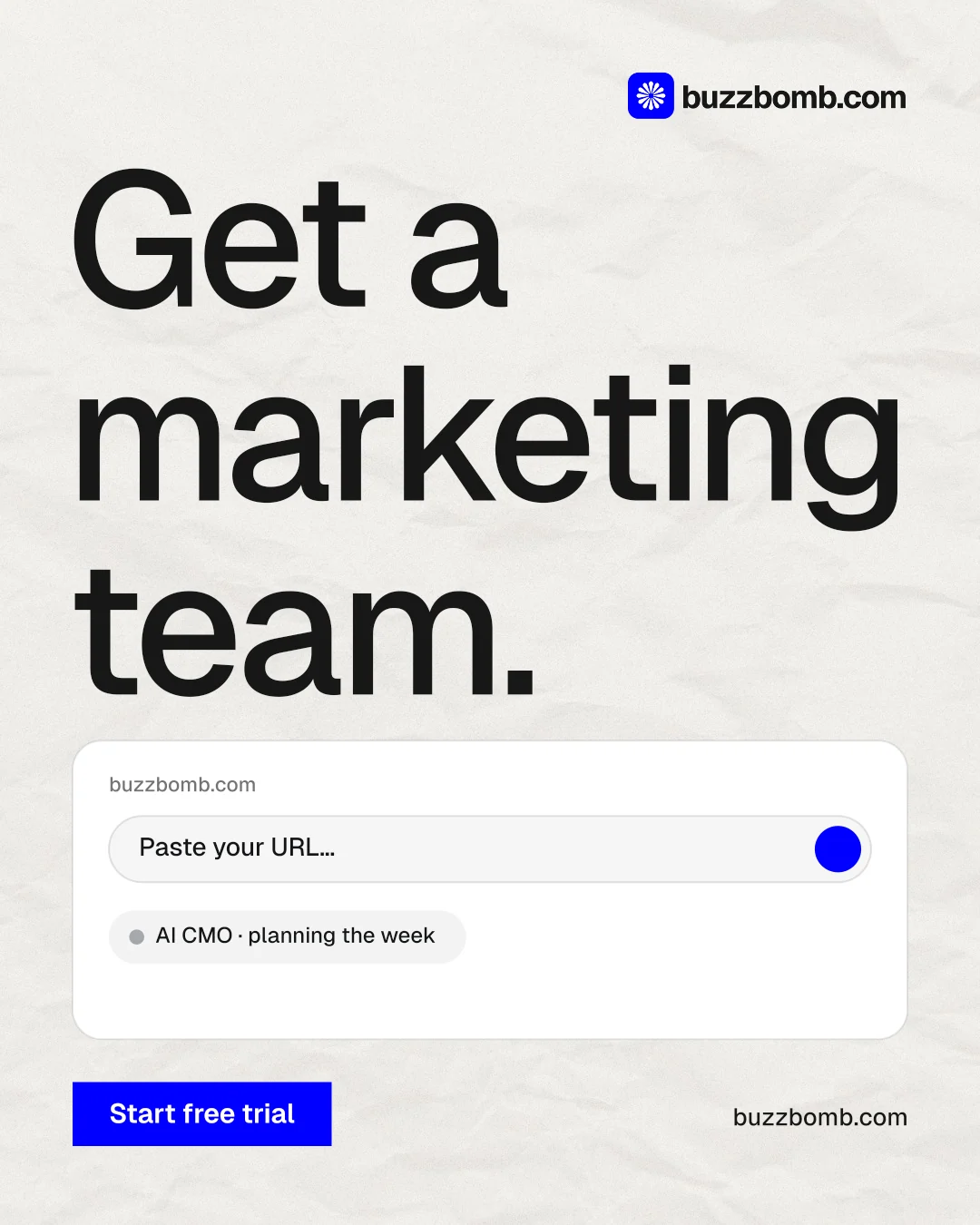 Instagram portrait post for BuzzBomb: "Get a marketing team." Swiss style, poster layout, light palette in white, grey.