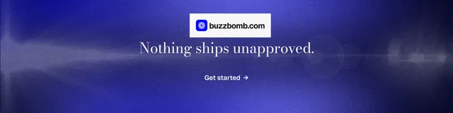 LinkedIn banner for BuzzBomb: "Nothing ships unapproved." Minimal luxury style, centred layout, dark palette in blue.