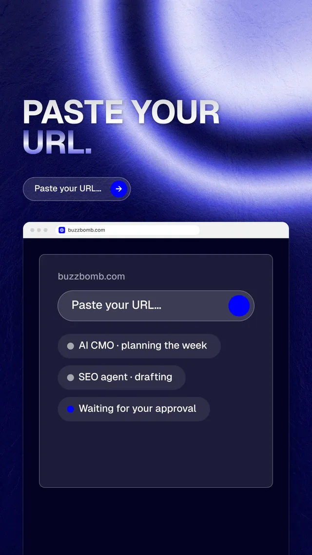 Instagram story for BuzzBomb: "Paste your URL." Agentic glass style, browser layout, dark palette in blue, black.