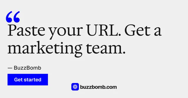 Social ad for BuzzBomb: "Seven agents. One chat." Swiss style, quote layout, light palette in white, blue.