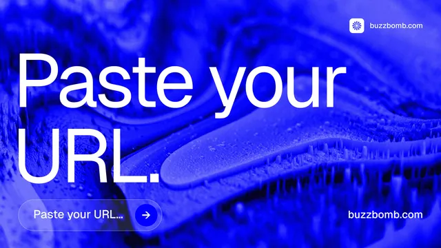 Landscape graphic for BuzzBomb: "Paste your URL." Agentic glass style, poster layout, dark palette in blue.