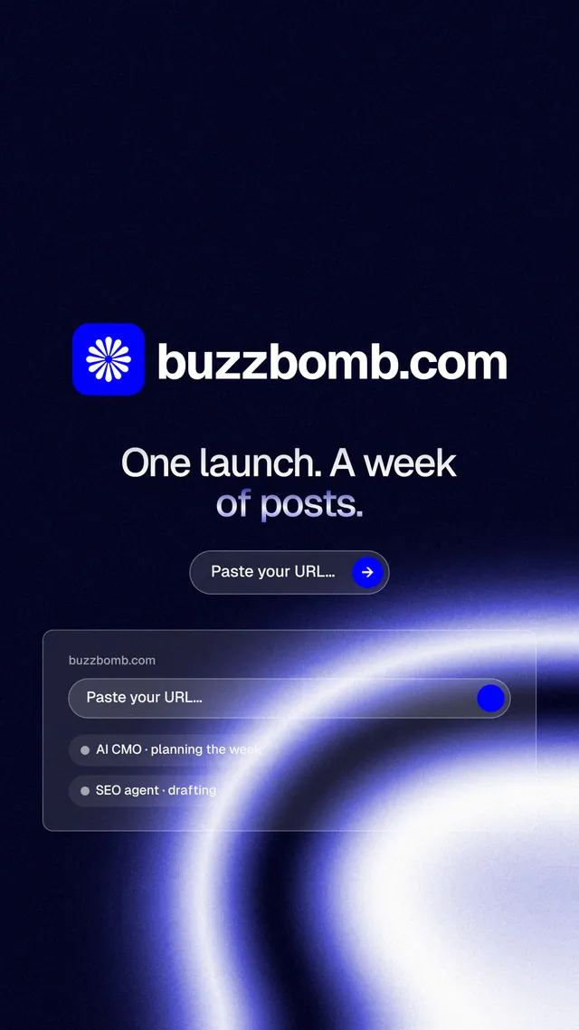 Instagram story for BuzzBomb: "One launch. A week of posts." Agentic glass style, logo hero layout, dark palette in black, blue.