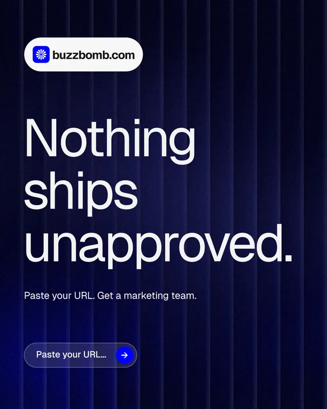Instagram portrait post for BuzzBomb: "Nothing ships unapproved." Agentic glass style, announce layout, dark palette in black, blue, grey.