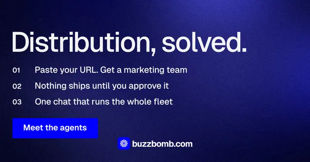 Social ad for BuzzBomb: "Distribution, solved." Swiss style, numbered layout, dark palette in blue.