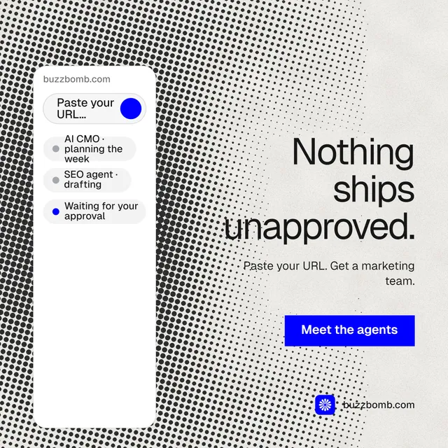 Instagram post for BuzzBomb: "Nothing ships unapproved." Swiss style, right layout, light palette in grey, white.