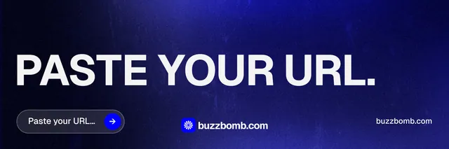 X header for BuzzBomb: "Paste your URL." Agentic glass style, poster layout, dark palette in blue, black, grey.
