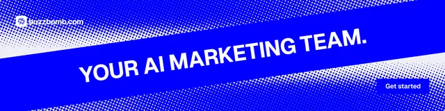 LinkedIn banner for BuzzBomb: "Your AI marketing team." Swiss style, diagonal layout, dark palette in blue.